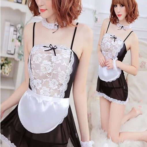 French Maid Uniform Sexy Lingerie Transparent Lace Babydoll Dress - NIT10